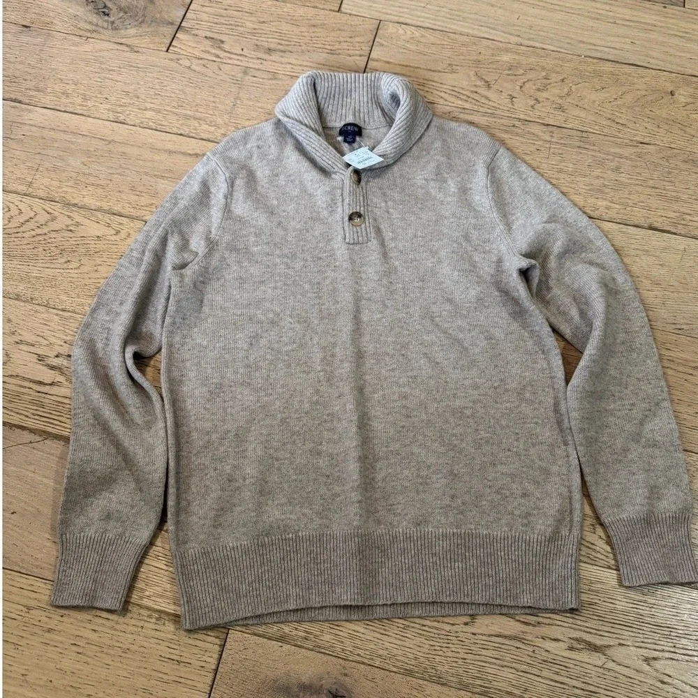 J. Crew Shawl Collar Pullover Sweater Mens Medium Beige Wool Blend Button (1340)